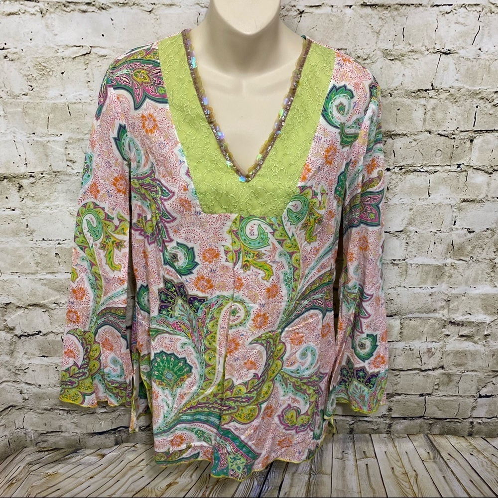 Express Green Paisley Floral Sequin Tunic Top